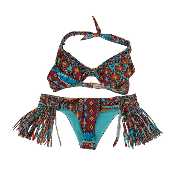 Luli Fama Wild And Free Bikini Set Size L Fringe Bottoms Cheeky Push Up Halter - Picture 1 of 10